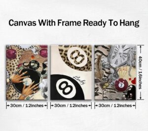 Three framed lucky 8 ball canvas prints measuring 30 by 40 centimeters