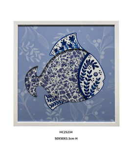 Framed blue and white fish mosaic wall art