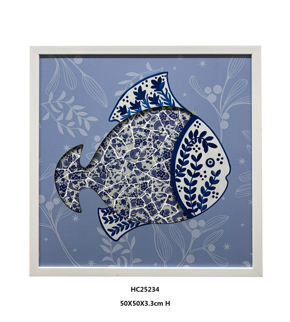Framed blue and white fish mosaic wall art