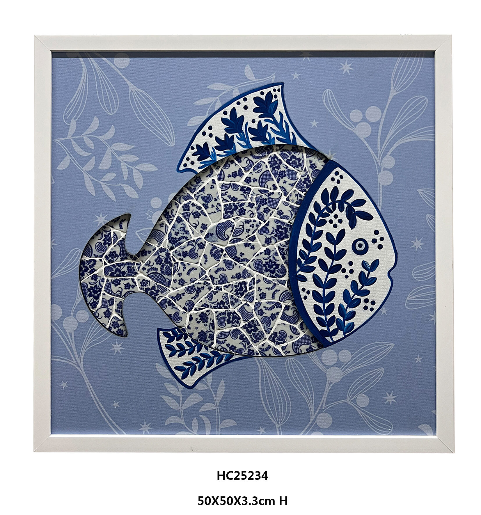 Blue and White Porcelain Shard Fish Mosaic Wall Art With Framed(50×50×3.3cm)