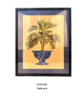 Framed porcelain palm tree art in a black bamboo-style frame