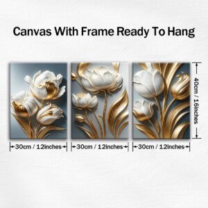 Framed floral canvas panels measuring 12 by 16 inches each