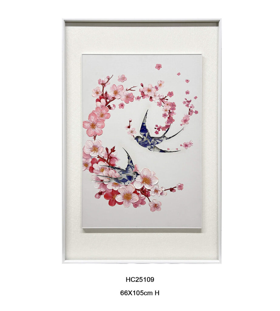 Framed floral porcelain shard birds in flight