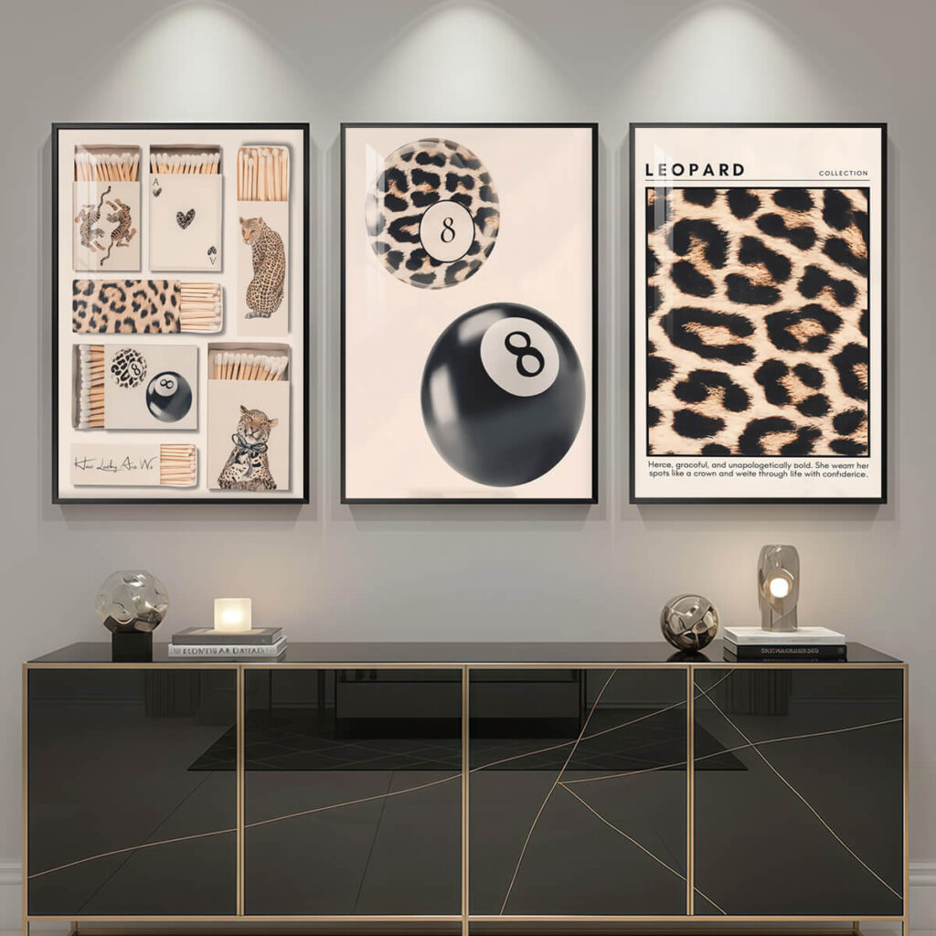 Framed leopard canvas wall art set of three above a console