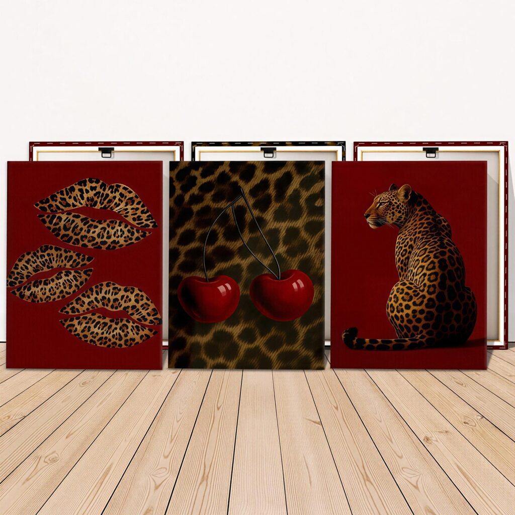 Framed leopard lips cherries and big cat canvas art trio