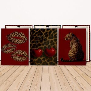 Framed leopard lips cherries and big cat canvas art trio