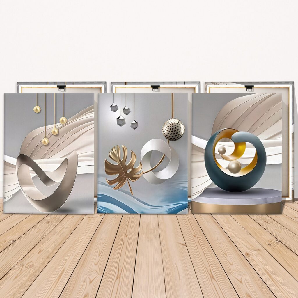 Modern geometric canvas wall art above a light wood console table