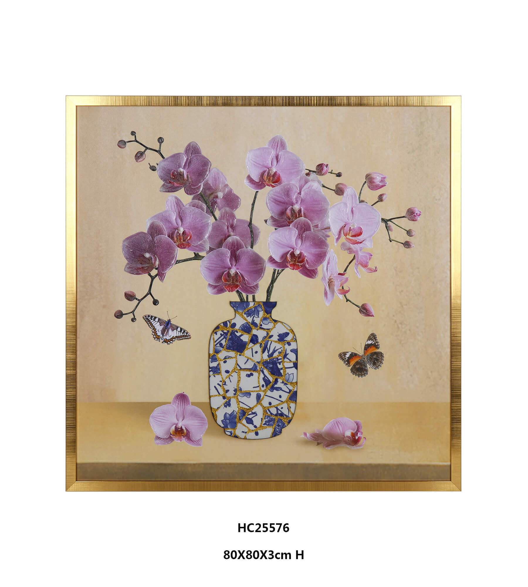 Framed orchid porcelain vase wall art with dimensional pink blooms