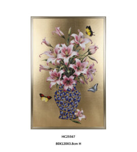 Framed pink lily porcelain wall art with butterflies