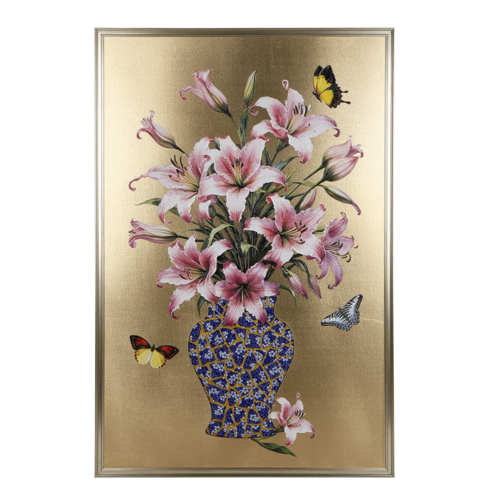 Framed pink lily porcelain wall art with butterflies