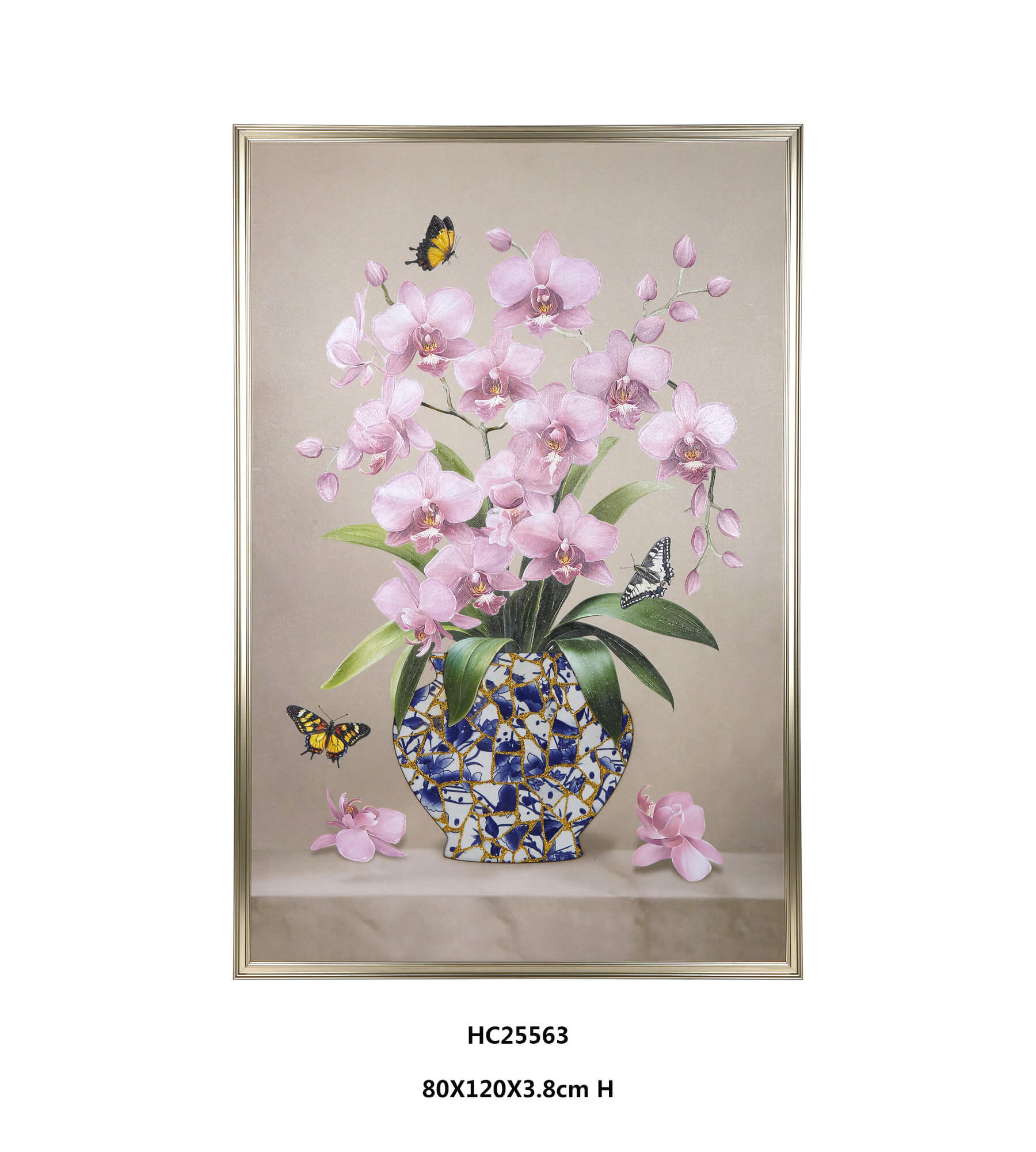 Framed Pink Orchid Porcelain Wall Art with Butterflies(80×120×3.8cm)