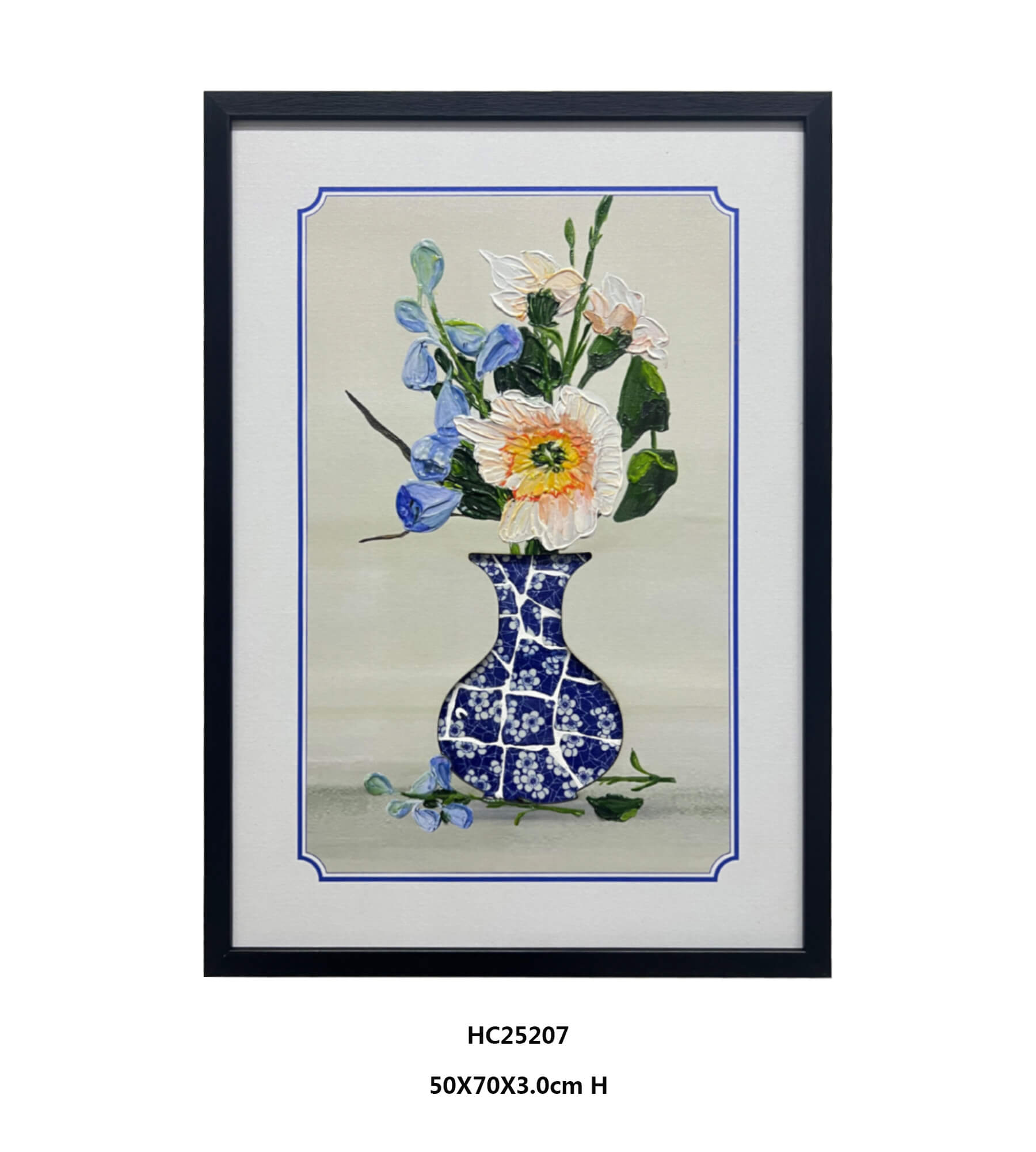 Framed porcelain shard vase wall art with blue flowers