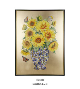 Framed porcelain art with golden sunflowers and butterflies