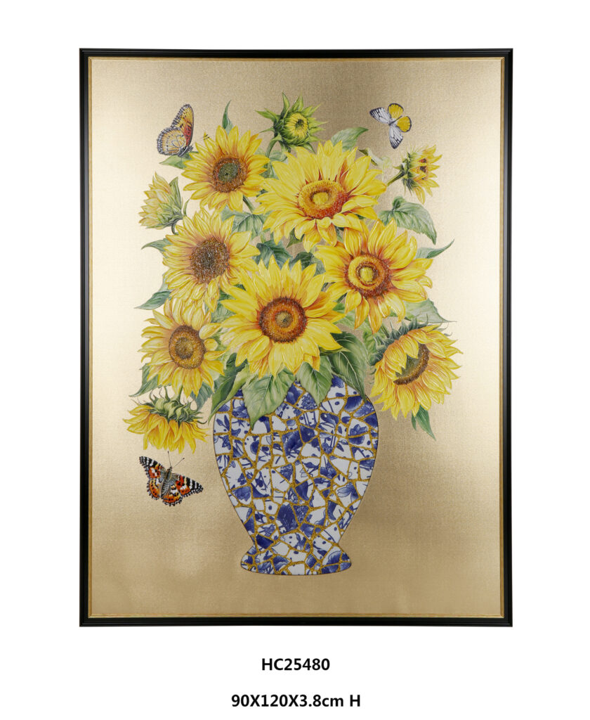 Framed porcelain art with golden sunflowers and butterflies