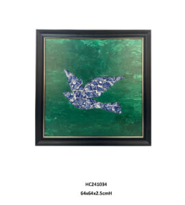 Framed swallow mosaic wall art showing blue porcelain fragments in graceful flight