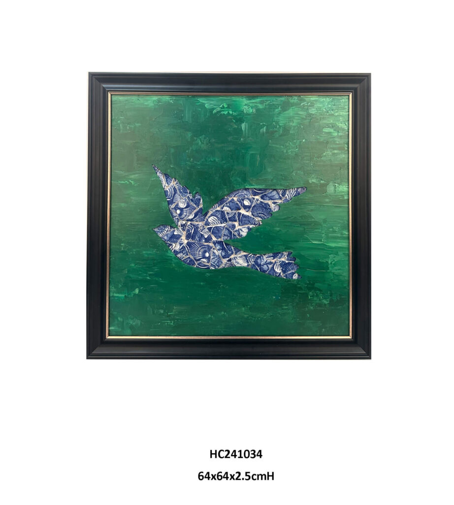 Framed swallow mosaic wall art showing blue porcelain fragments in graceful flight