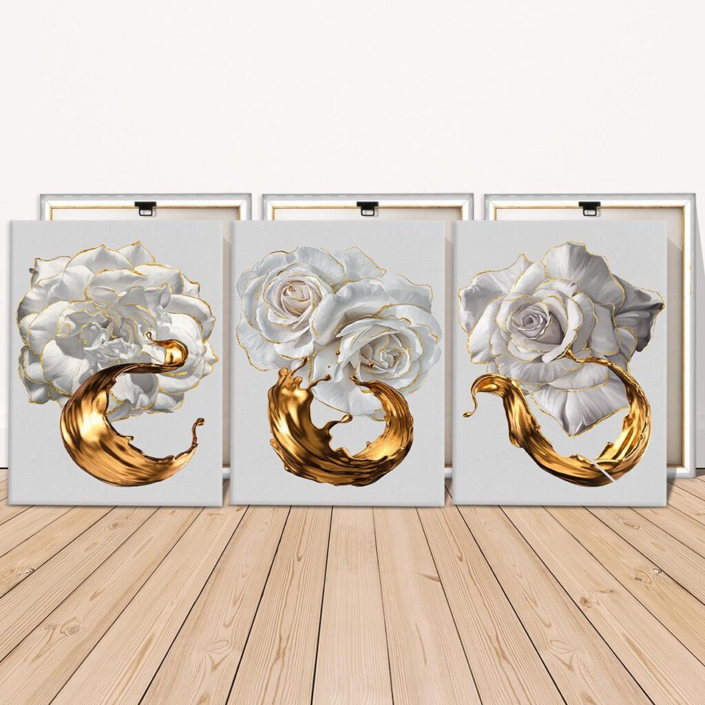 Framed white rose canvas panels showing ready to hang construction