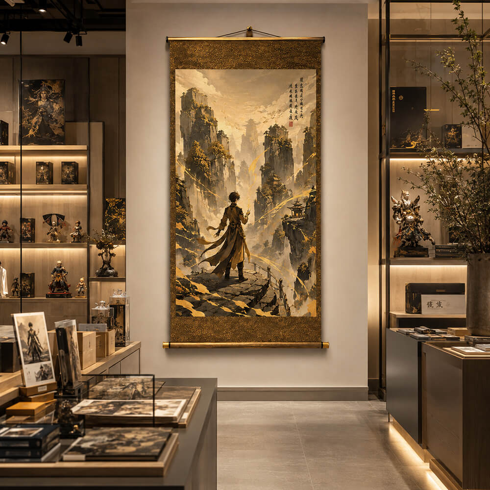 Geo fantasy wall scroll with golden landscape