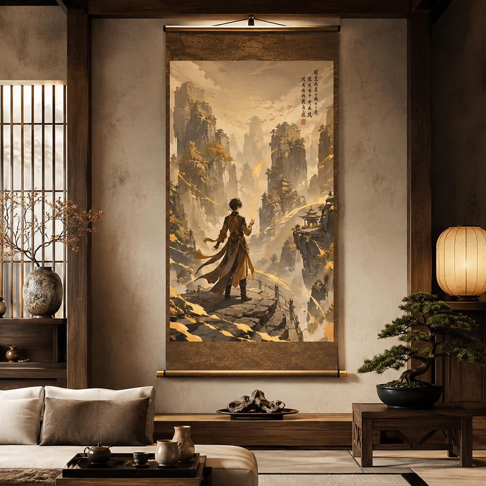 Geo fantasy wall scroll with golden landscape