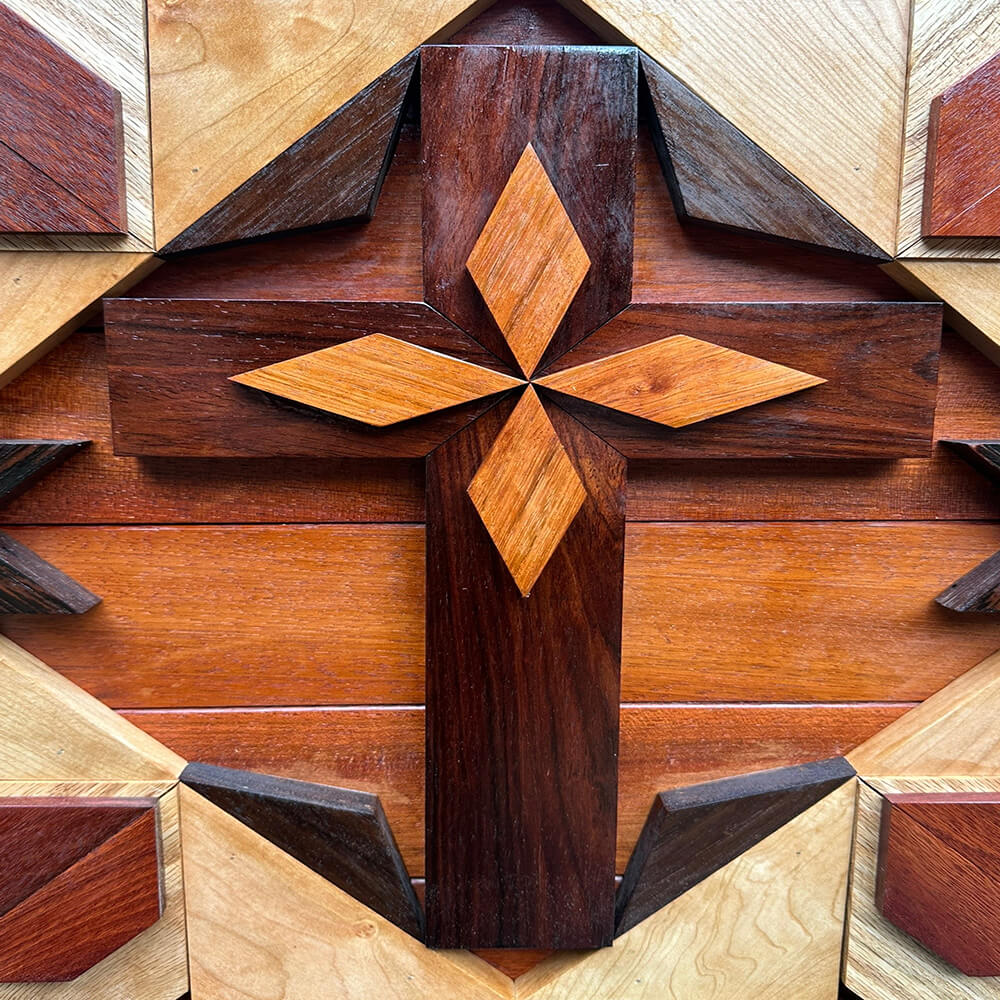 Geometric cross wood art detail