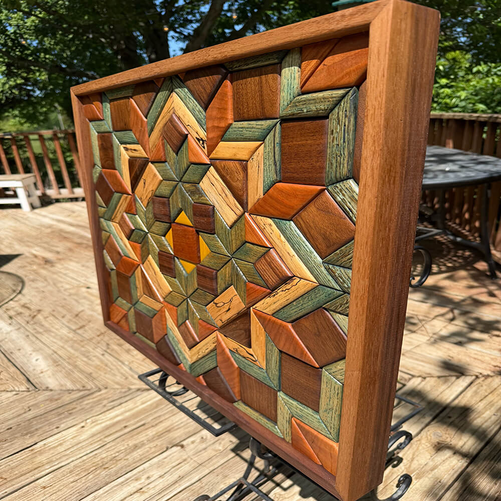 Profile view of wooden quilt wall art highlighting craftsmanship