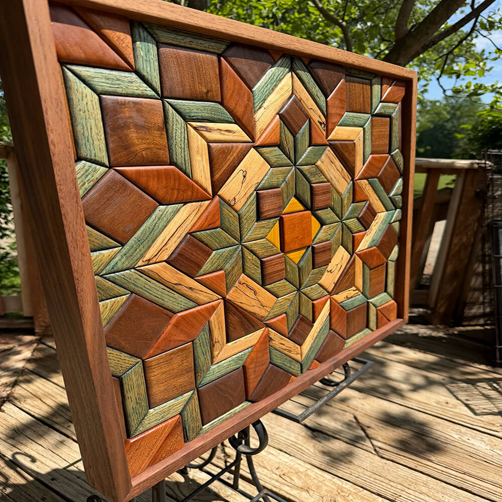 Side view of 3D geometric wood wall art showing frame depth