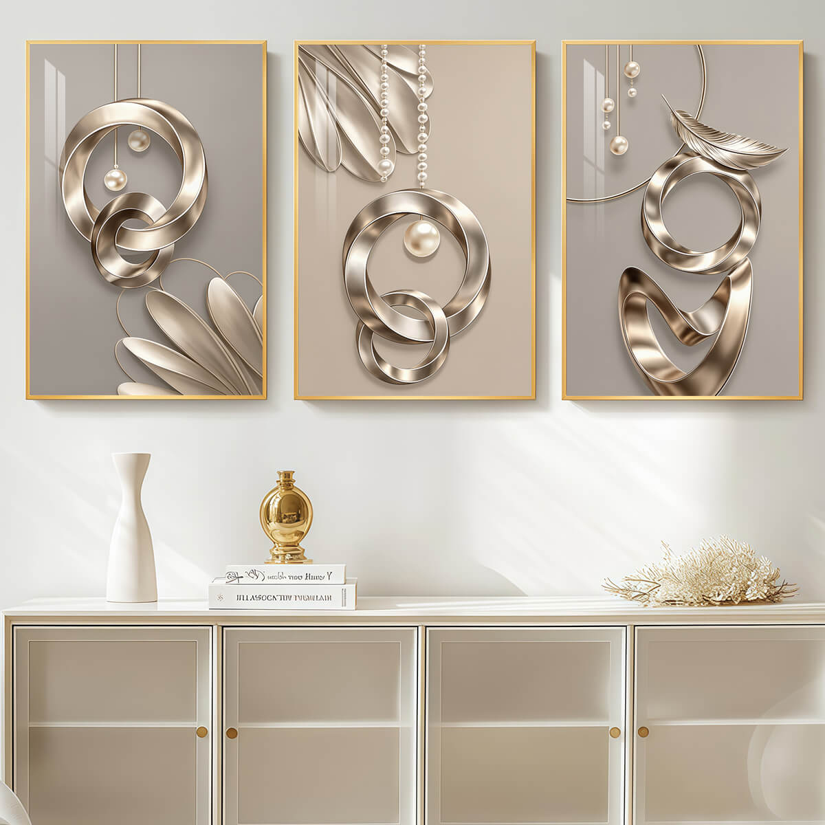 Statement Gold 3 Piece Canvas Wall Art with Modern Glam Details(30×45cm)