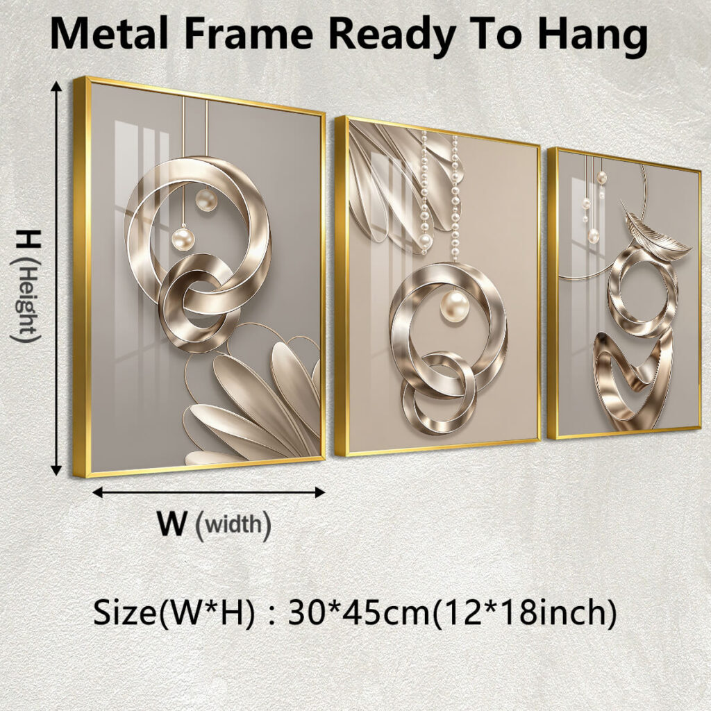 Gold 3 piece canvas wall art with metal frames in 12 by 18 inch size