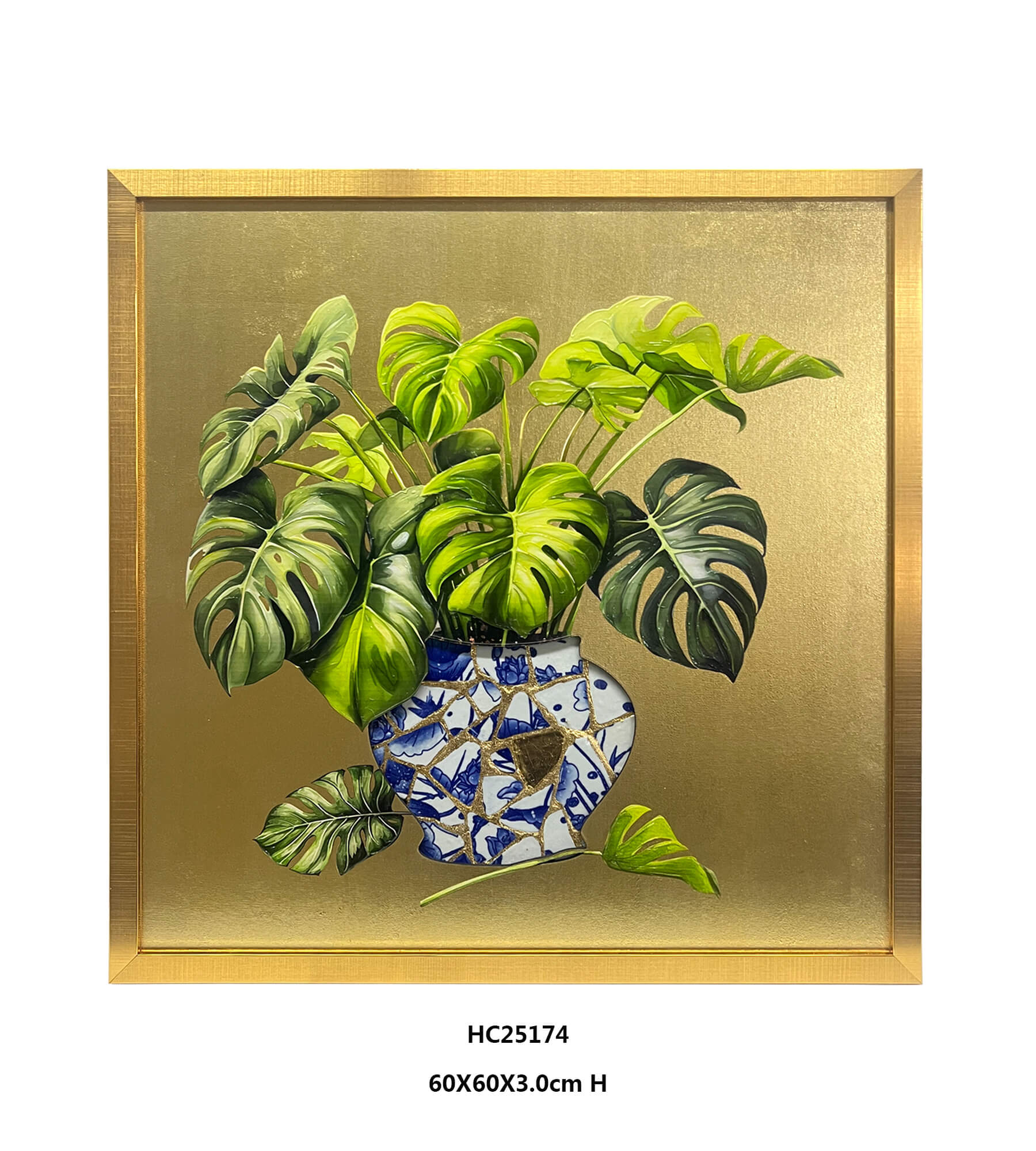 Gold Framed 3D Monstera Porcelain Wall Art with Shard Mosaic Vase Supplier（60×60×3cm）