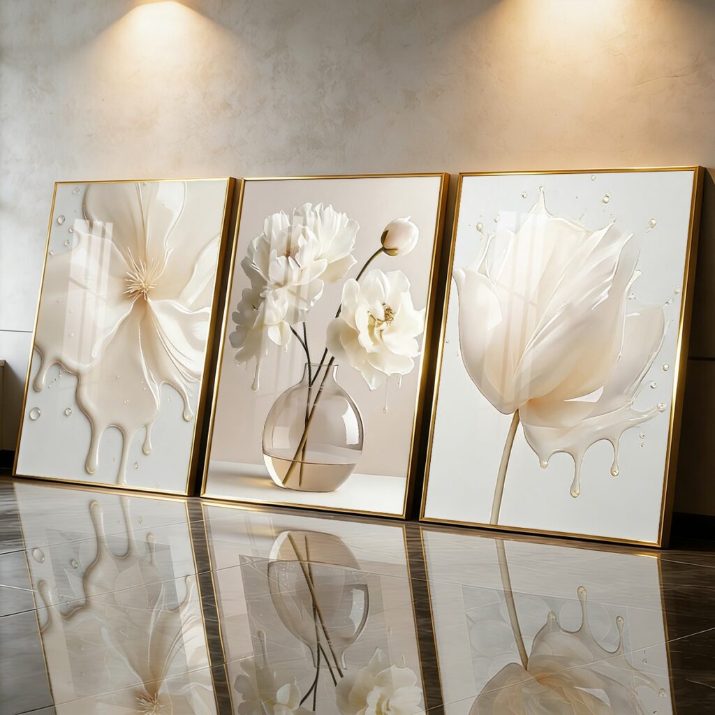 Gold framed ivory floral canvas prints with glossy coating