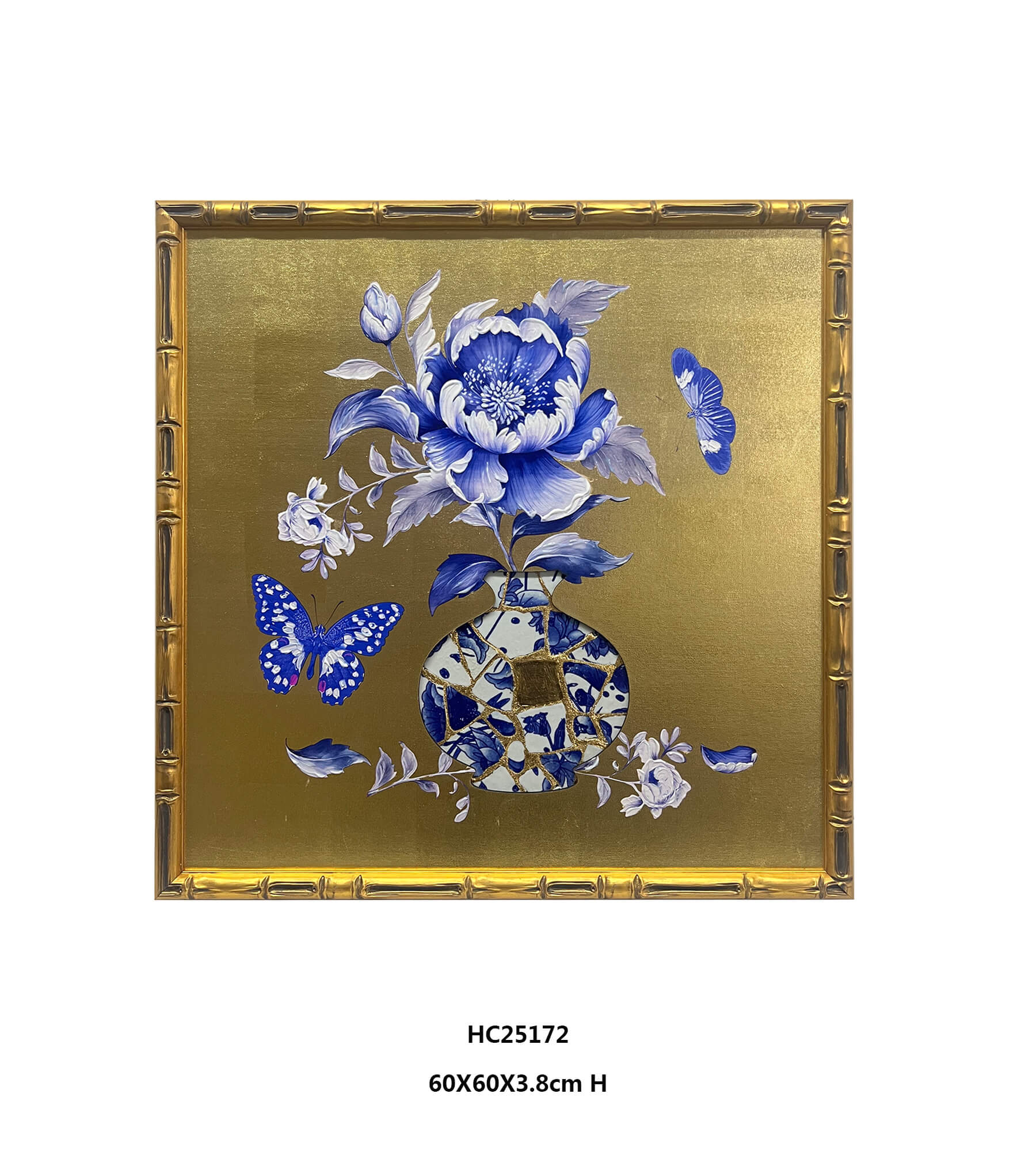 Gold Framed Peony Porcelain Shard Mosaic Wall Art for Interior Projects（60×60×3.8cm）