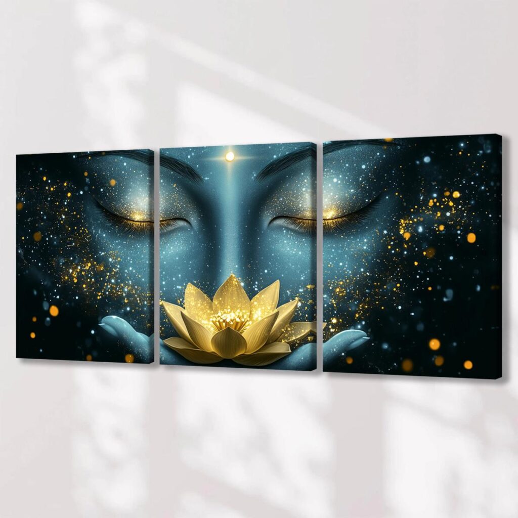 Gold lotus Buddha canvas panels shown from an angle