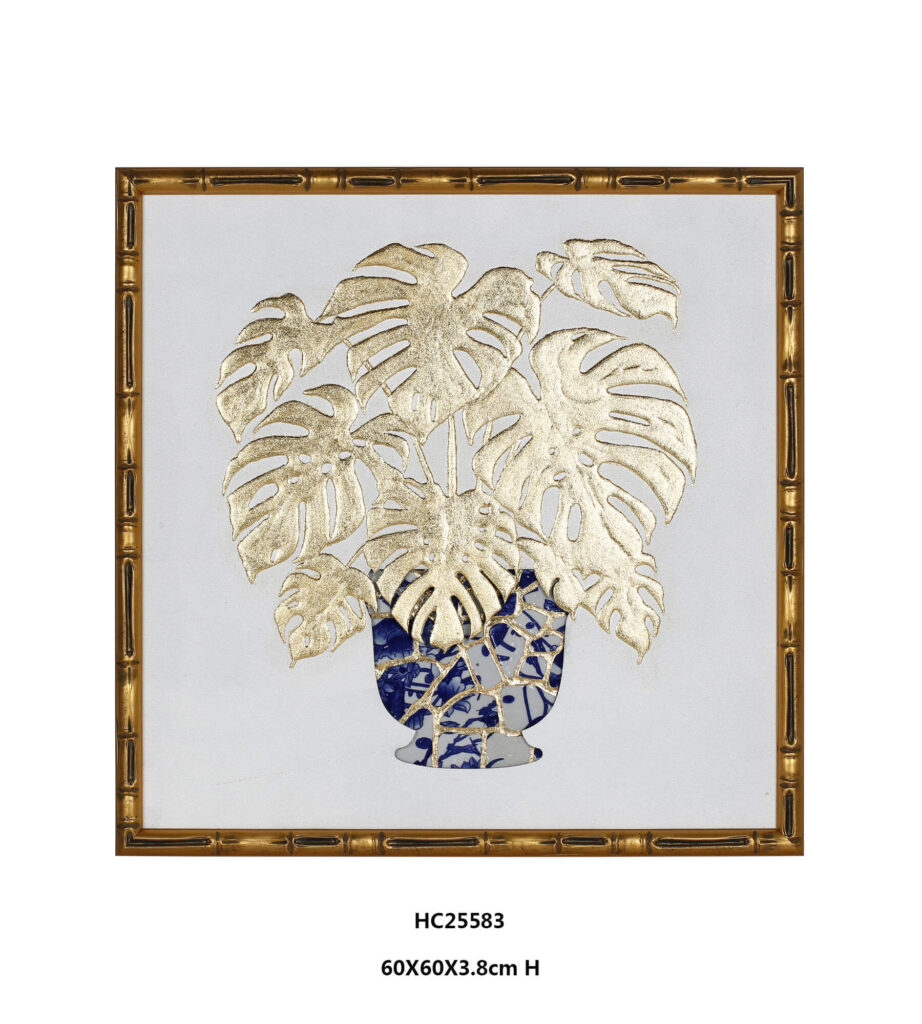 Framed Gold Monstera Porcelain Wall Art with a tall blue and white mosaic vase