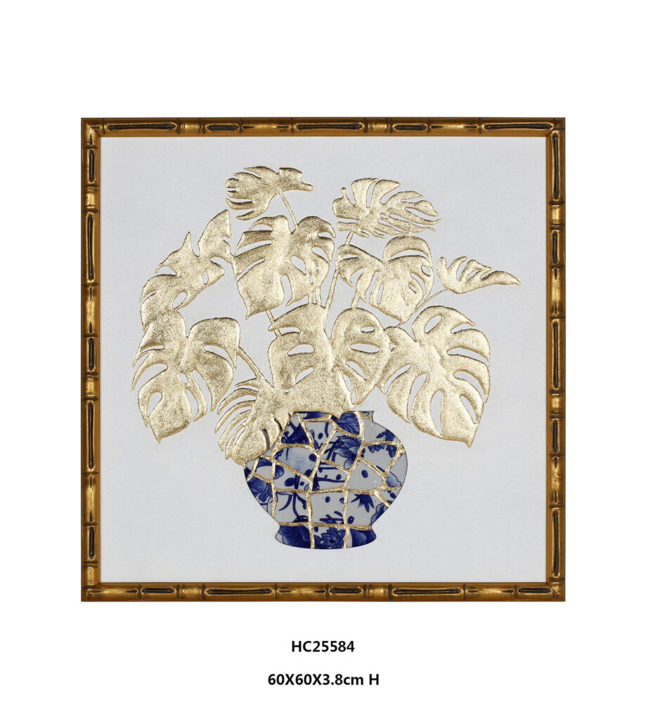 Gold Monstera Porcelain Wall Art with a round blue and white mosaic vase