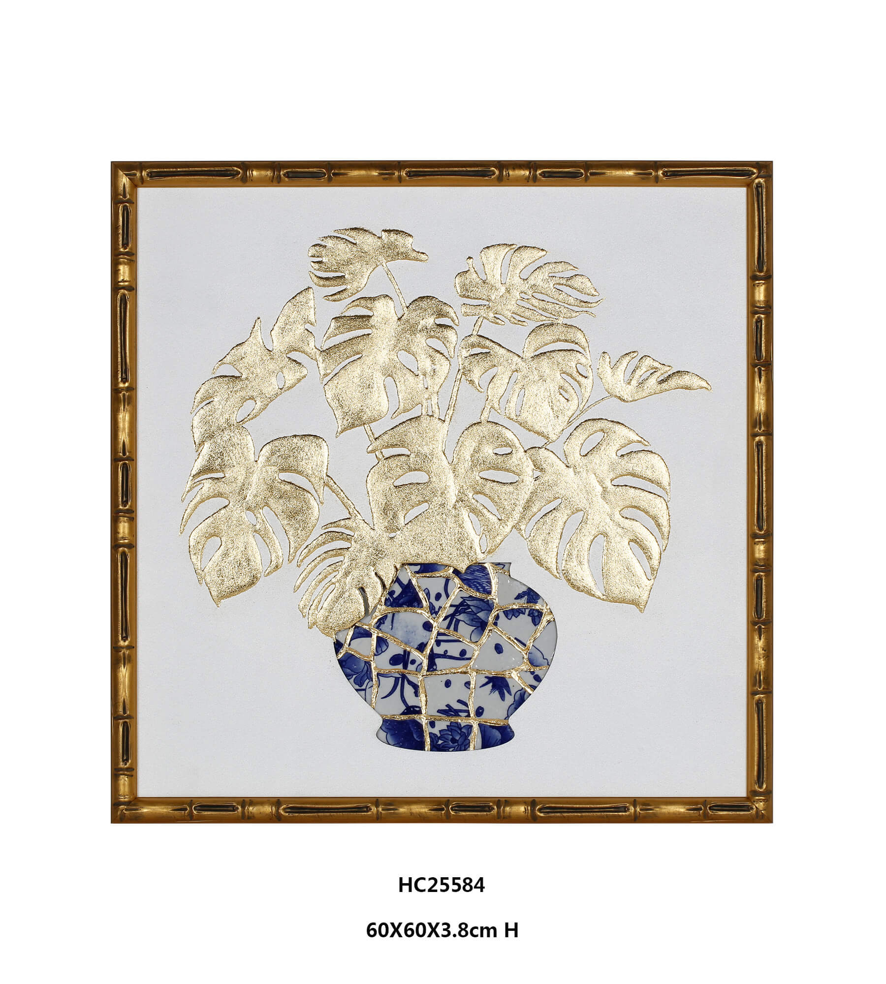 Gold Monstera Porcelain Wall Art with a round blue and white mosaic vase