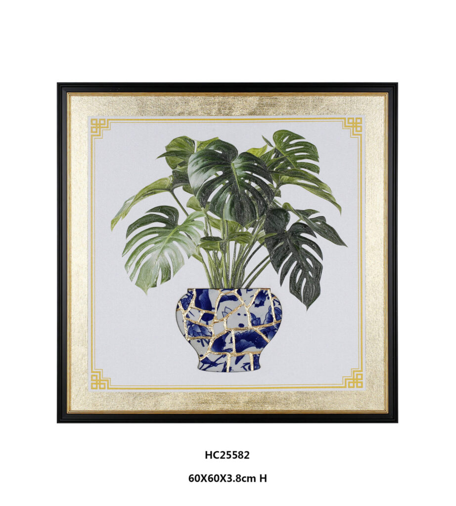 Monstera porcelain wall art with gold mosaic vase