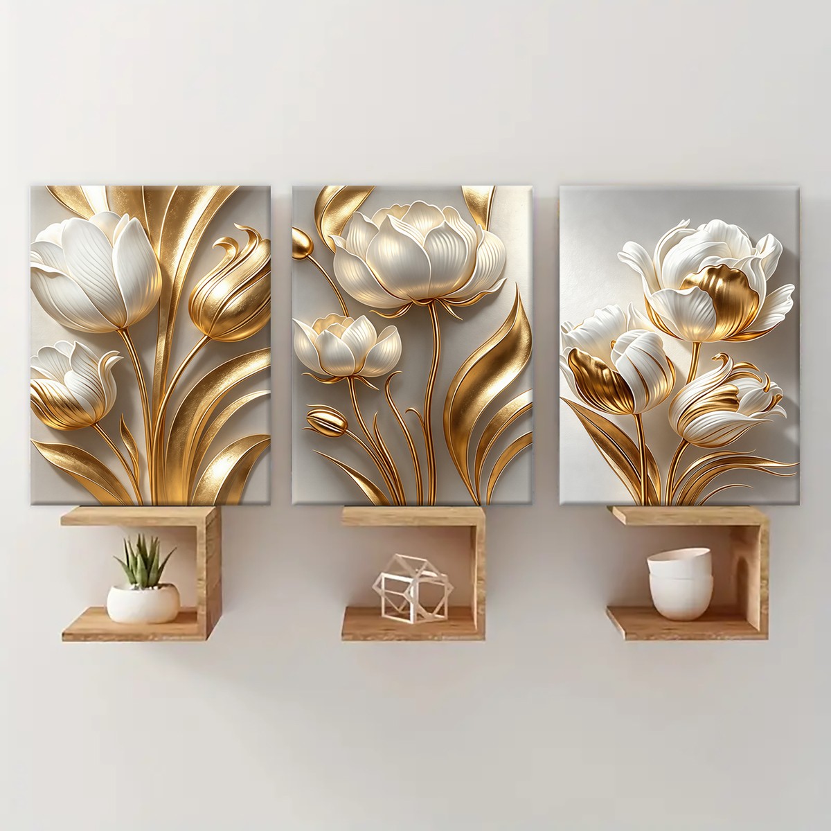 Luxe White and Gold Floral Canvas Wall Art Trio(30×40cm)