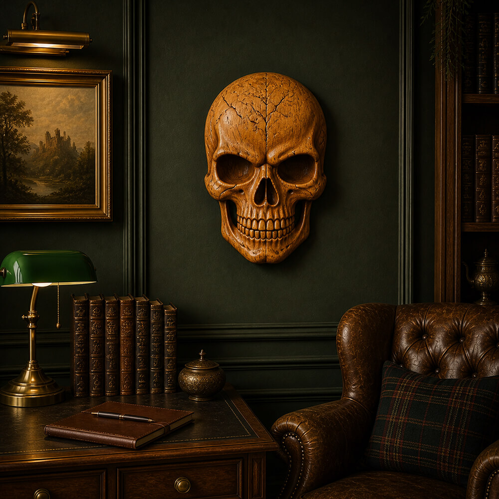 Gothic skull wall art displayed in a dark vintage home office