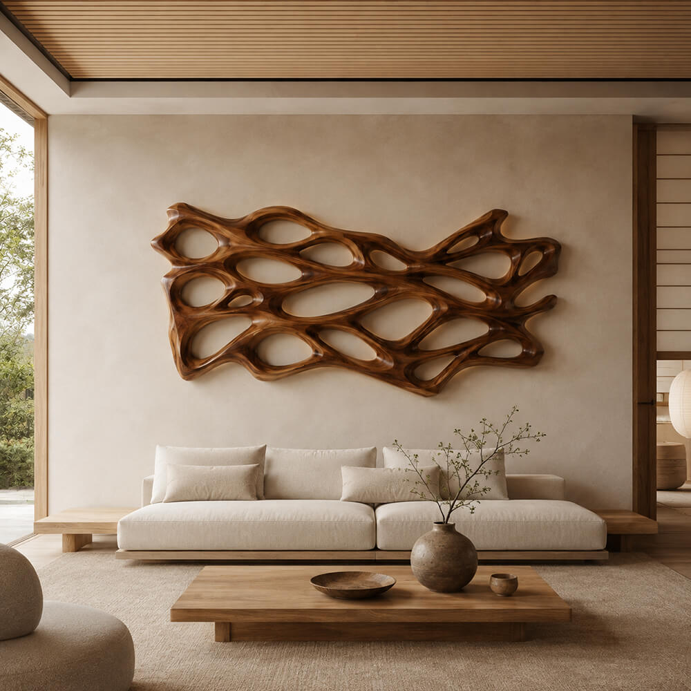 Hand Carved Organic Openwork Wood Wall Art Panel for Organic Modern Living Rooms
