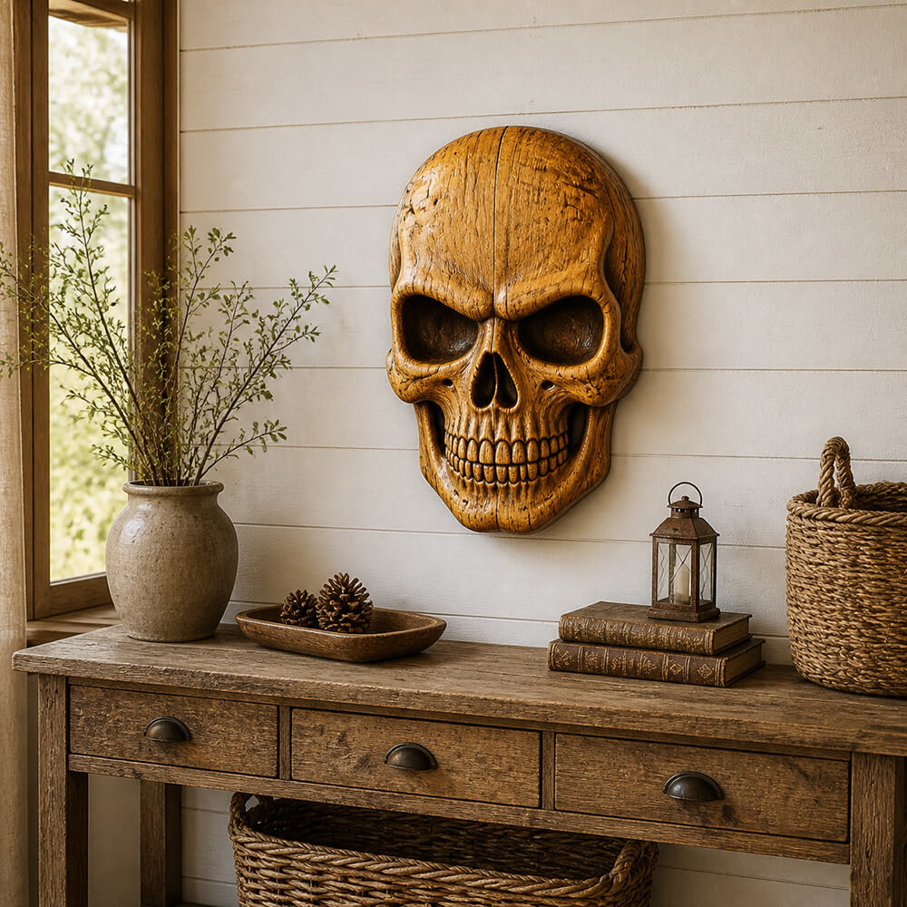 Handcrafted wood skull decor on a rustic farmhouse wall