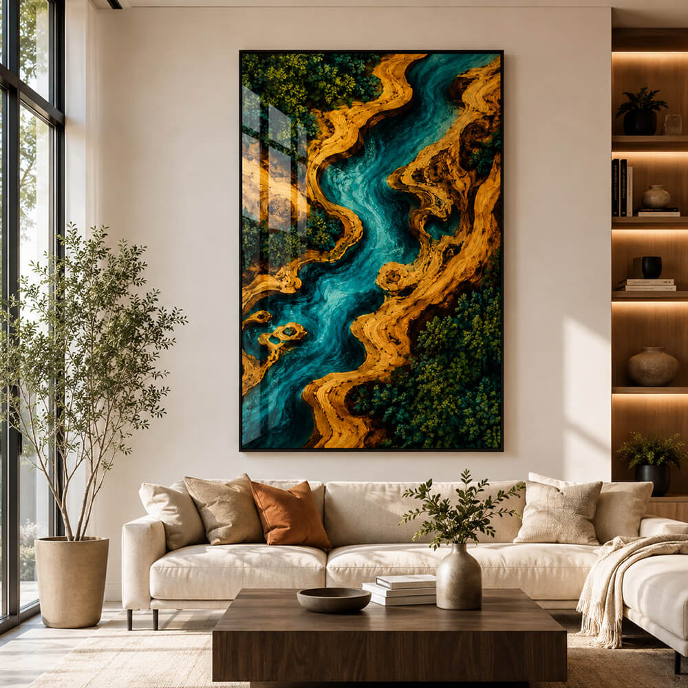 High Gloss Blue River Landscape Epoxy Resin Wall Art for Living Room