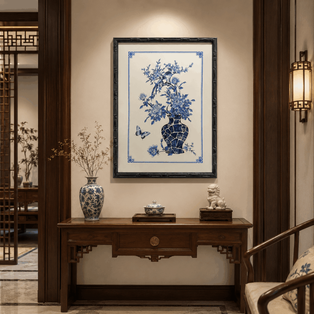 hinoiserie blue and white wall art HC25184 styled in a modern entryway