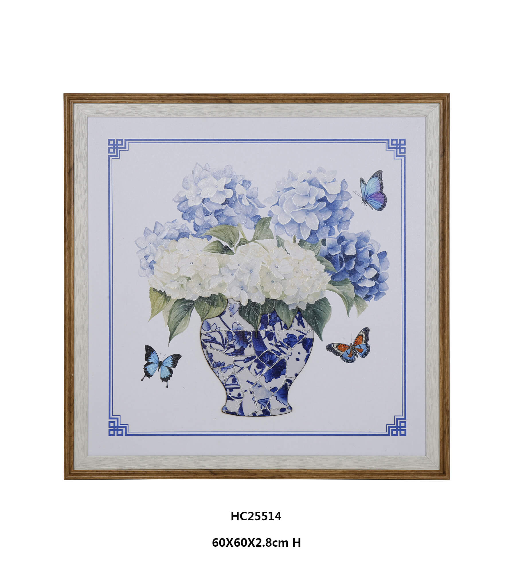 Elegant Chinoiserie Hydrangea Porcelain Wall Art with Mosaic Vase（60×60×2.8cm）