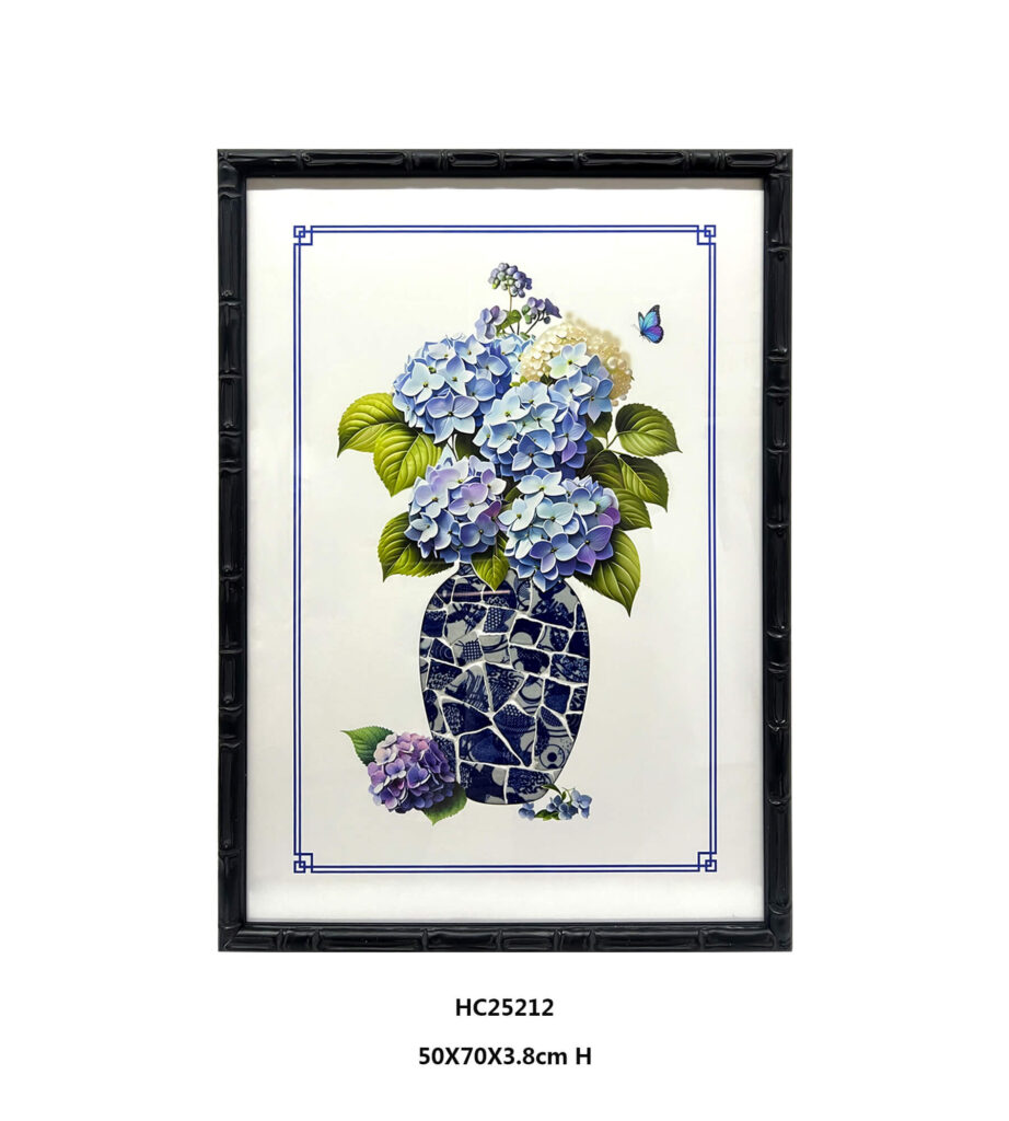 Hydrangea porcelain shard vase wall art with lilac blooms