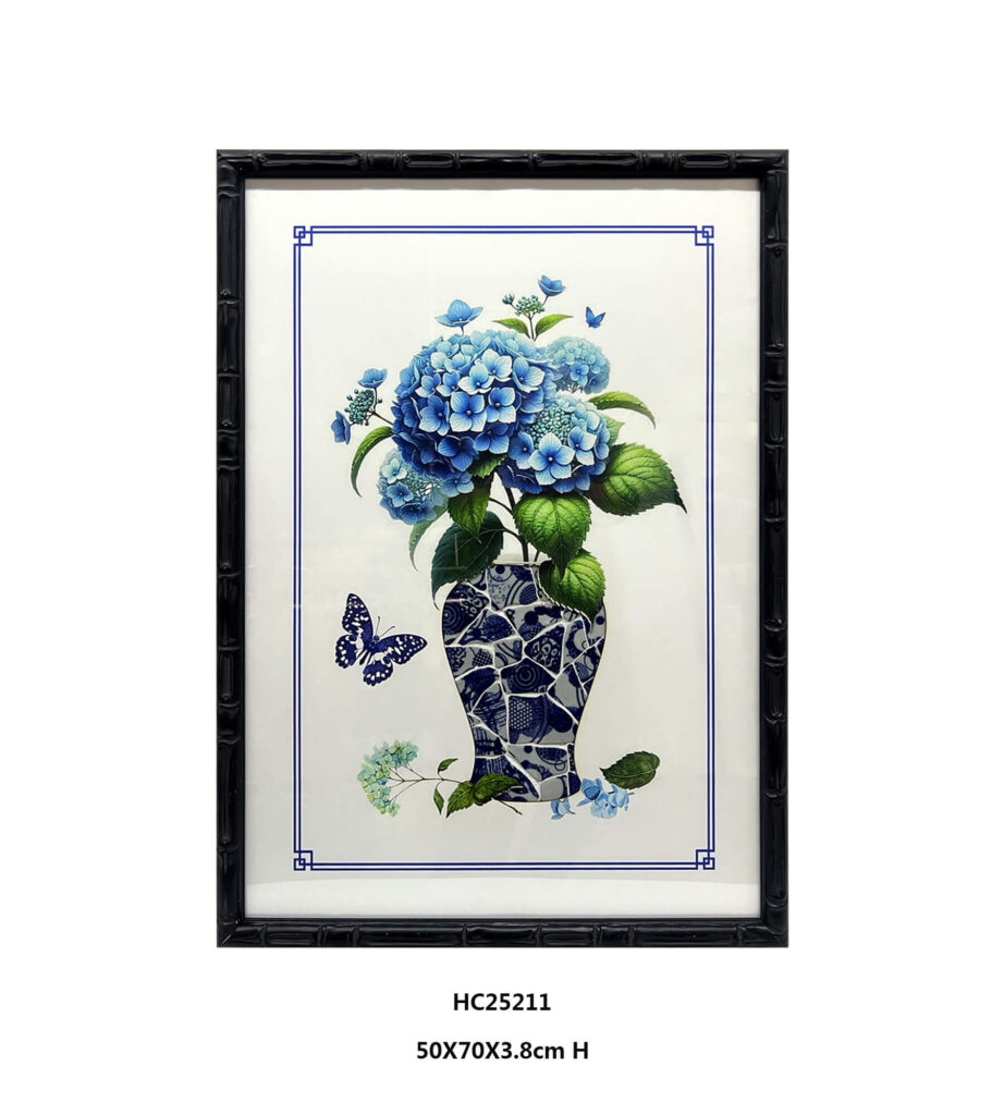 Hydrangea porcelain shard vase wall art with blue butterflies