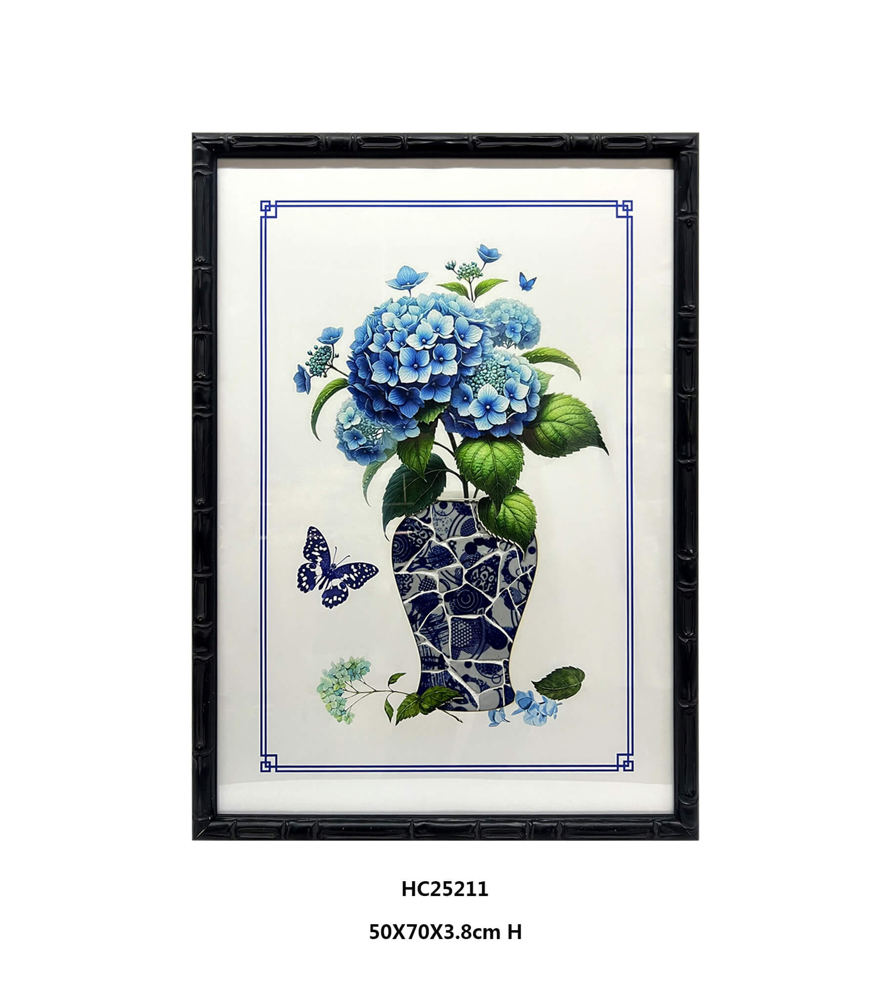 Hydrangea porcelain shard vase wall art with blue butterflies