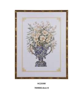 Floral porcelain wall art with ivory blooms in a blue and white shard vase