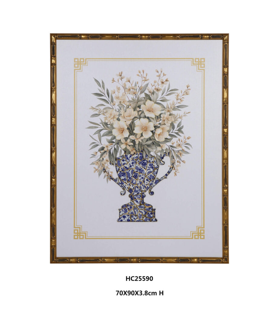 Floral porcelain wall art with ivory blooms in a blue and white shard vase