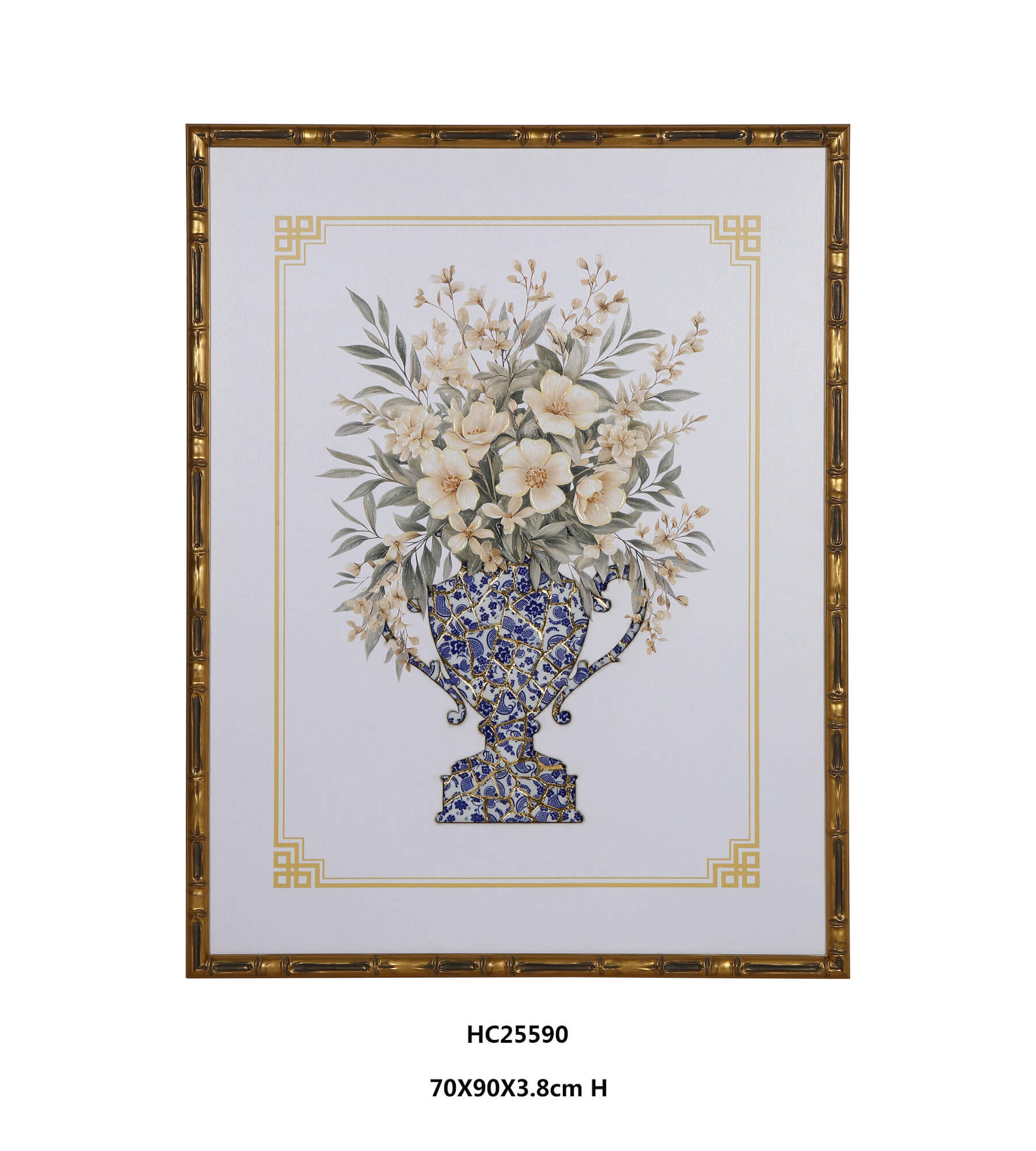 Floral porcelain wall art with ivory blooms in a blue and white shard vase