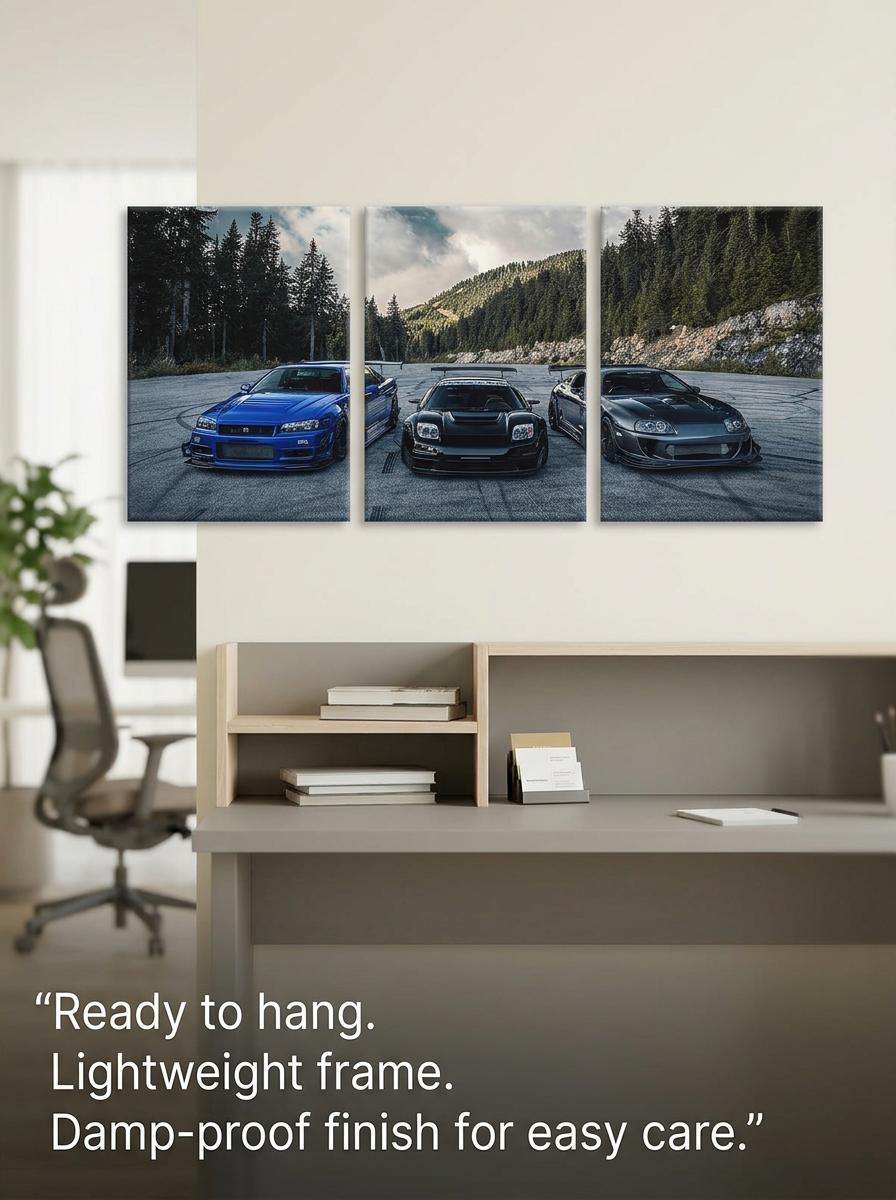JDM car canvas wall art above a modern office desk